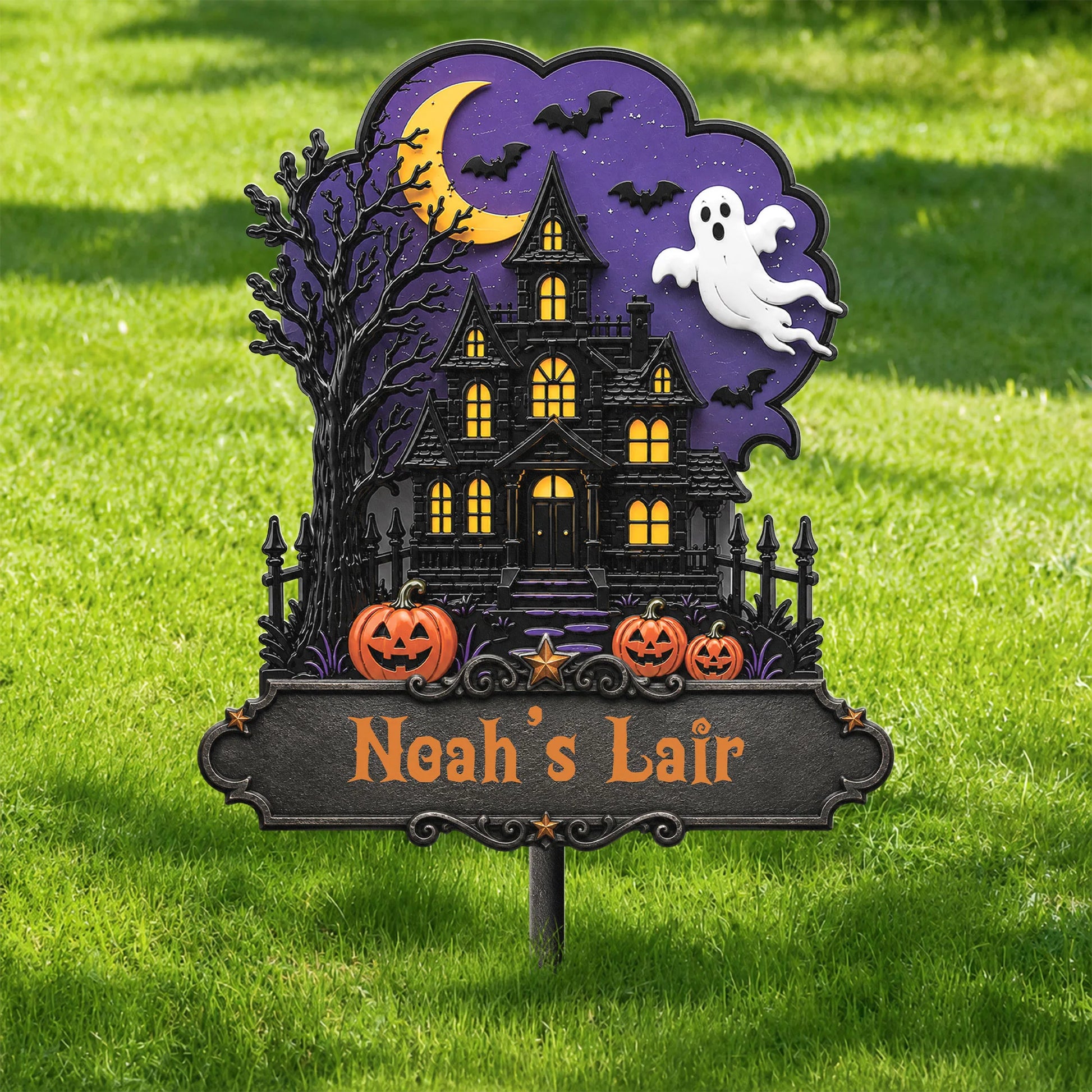 Personalized Halloween Yard Stake Flying Witch Metal Garden Sign - Custom Outdoor Decor
