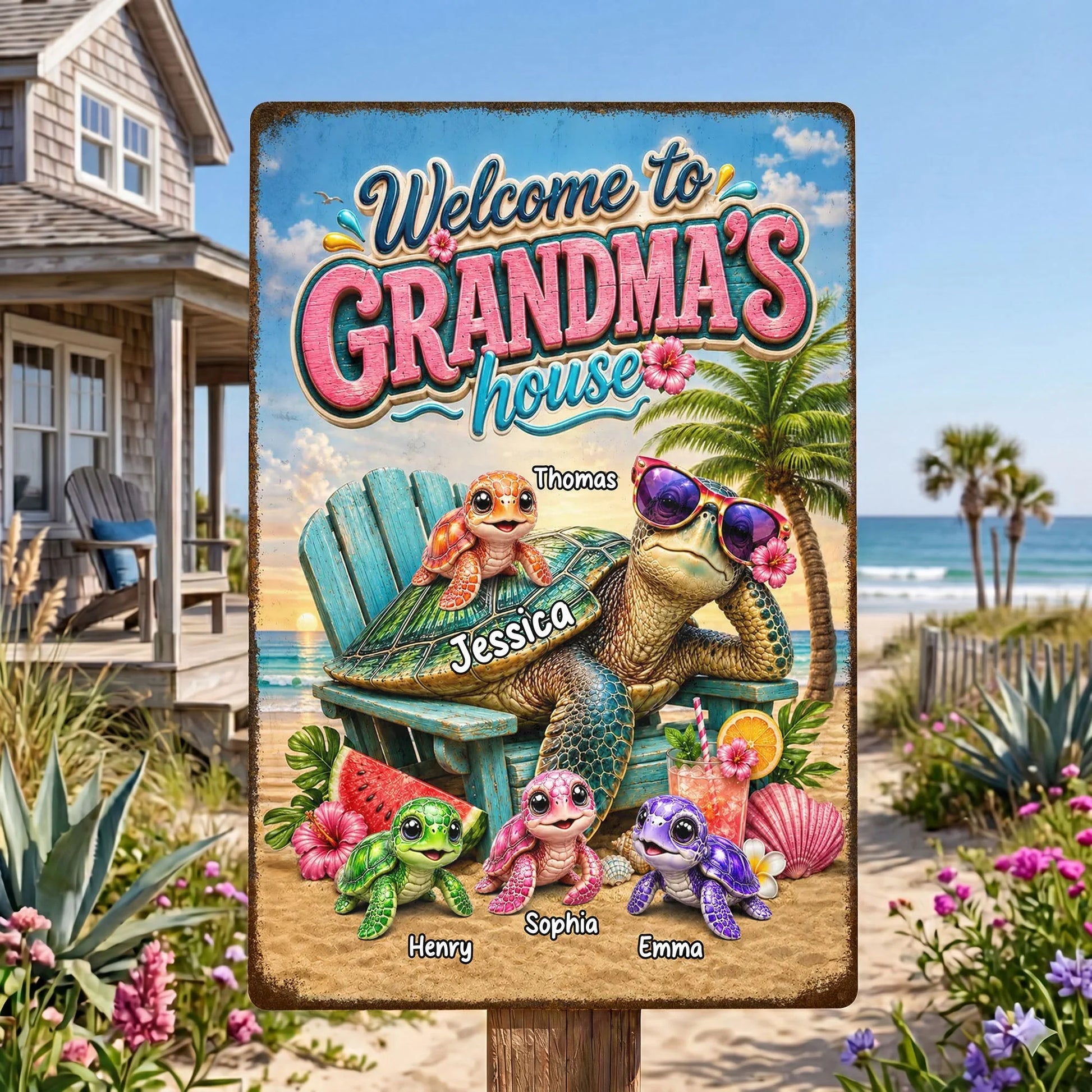 Personalized grandma beach metal sign with welcome to grandma's house text and custom grandkids sea turtles