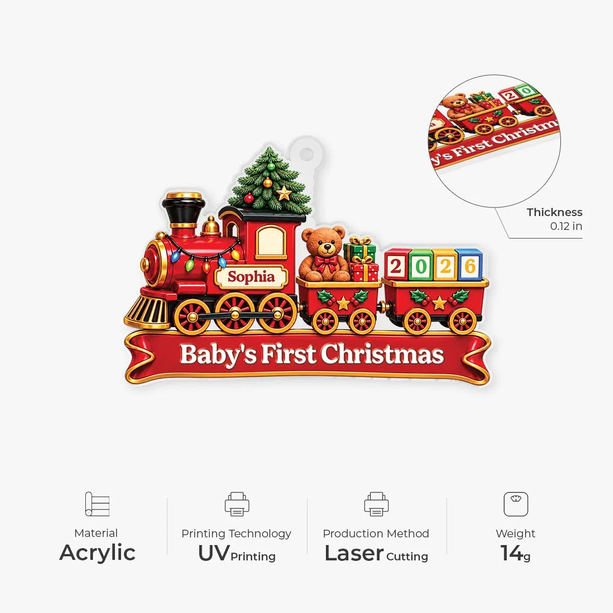 "Baby's First Christmas" Train Personalized Acrylic Ornament - Holiday Keepsake for New Baby