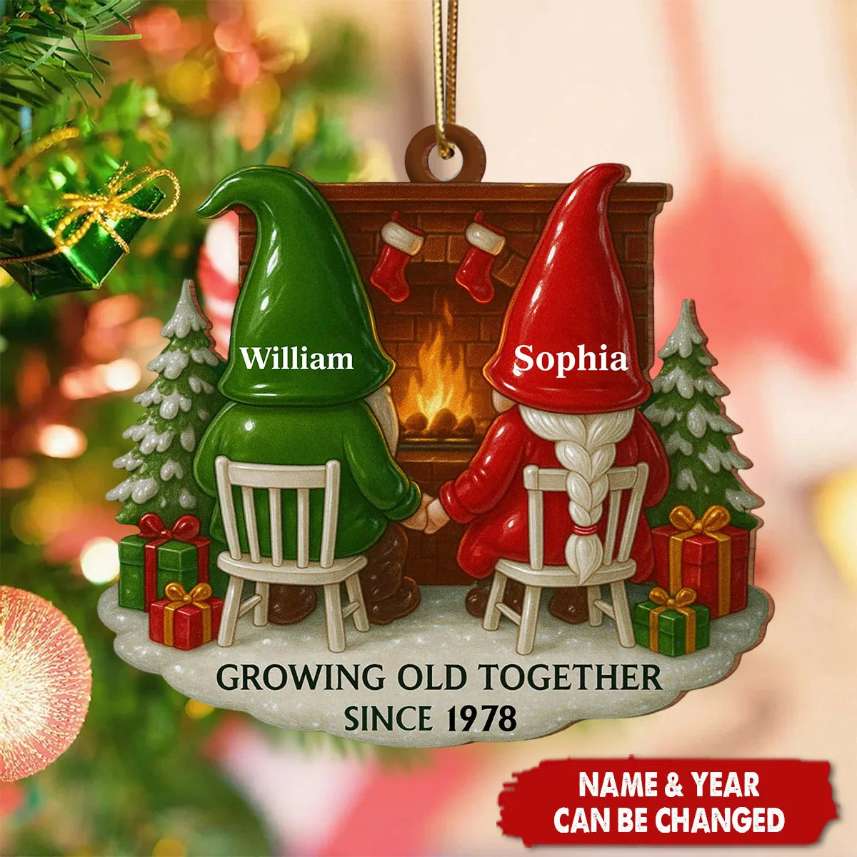 Growing Old Together Personalized Wooden Ornament - Custom Couple Christmas Gift Featuring Fireplace Dwarf Design