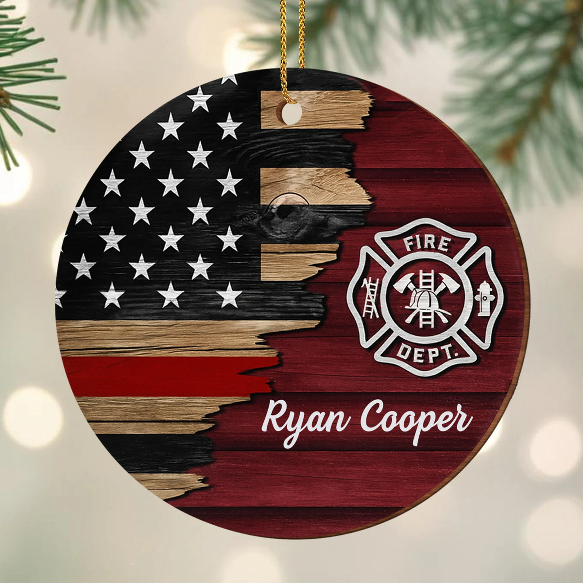 Fire Dept. Custom Wood Ornament Featuring American Flag And Emblem