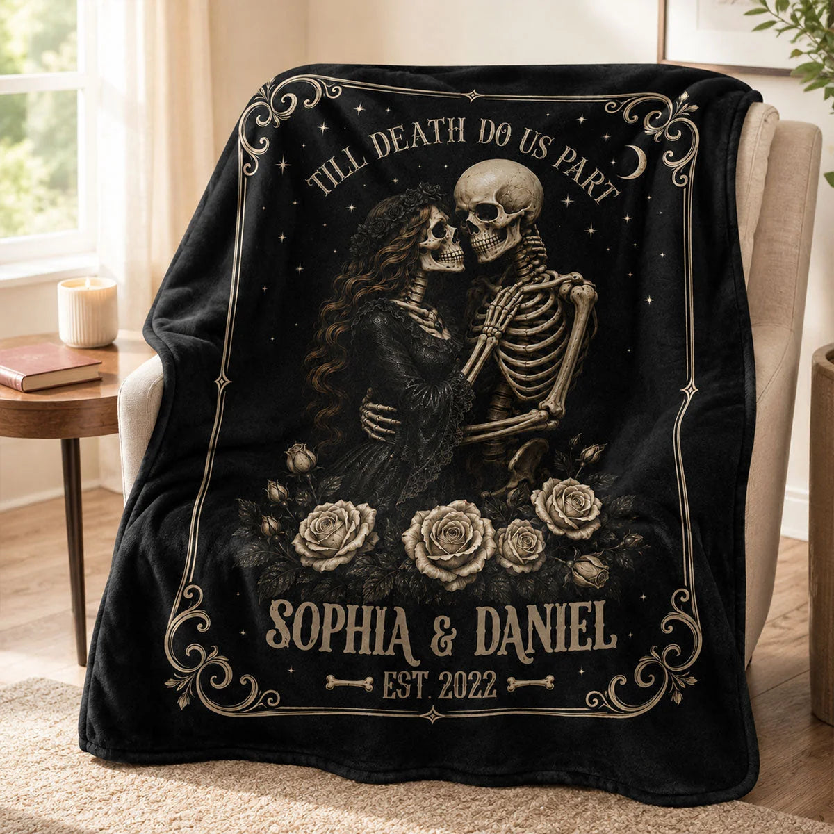 Till Death Do Us Part Skeleton Blanket - Personalized Gothic Couple Gift for Halloween & Anniversary