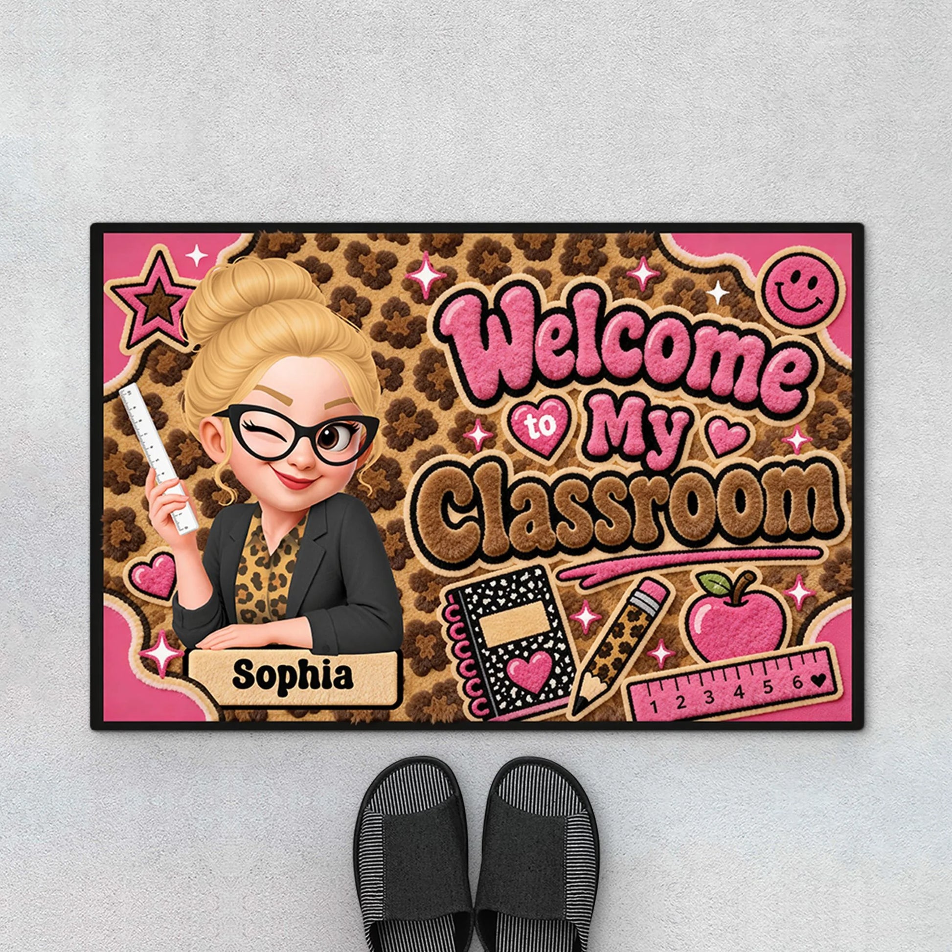 Personalized teacher doormat with cartoon avatar and leopard print design - perfect classroom gift for teachers