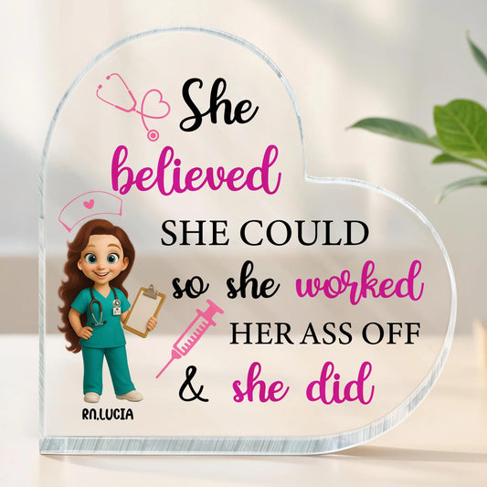 Personalized nurse acrylic plaque shaped like a heart with custom character name RN Lucia and motivational quote