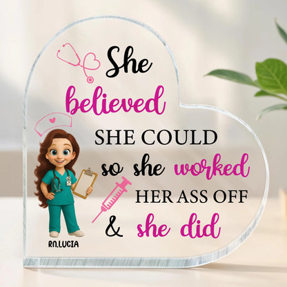 Personalized nurse acrylic plaque shaped like a heart with custom character name RN Lucia and motivational quote