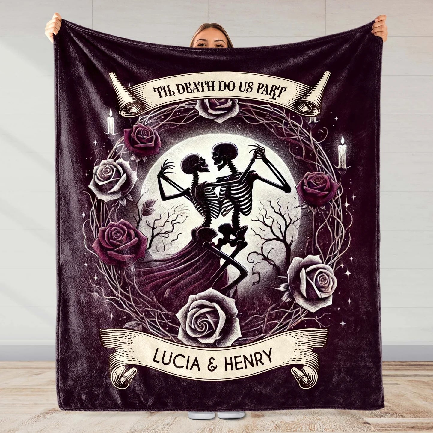 "Til Death Do Us Part" Personalized Gothic Couples Blanket - Custom Skeleton Couple Anniversary Gift for Husband & Wife