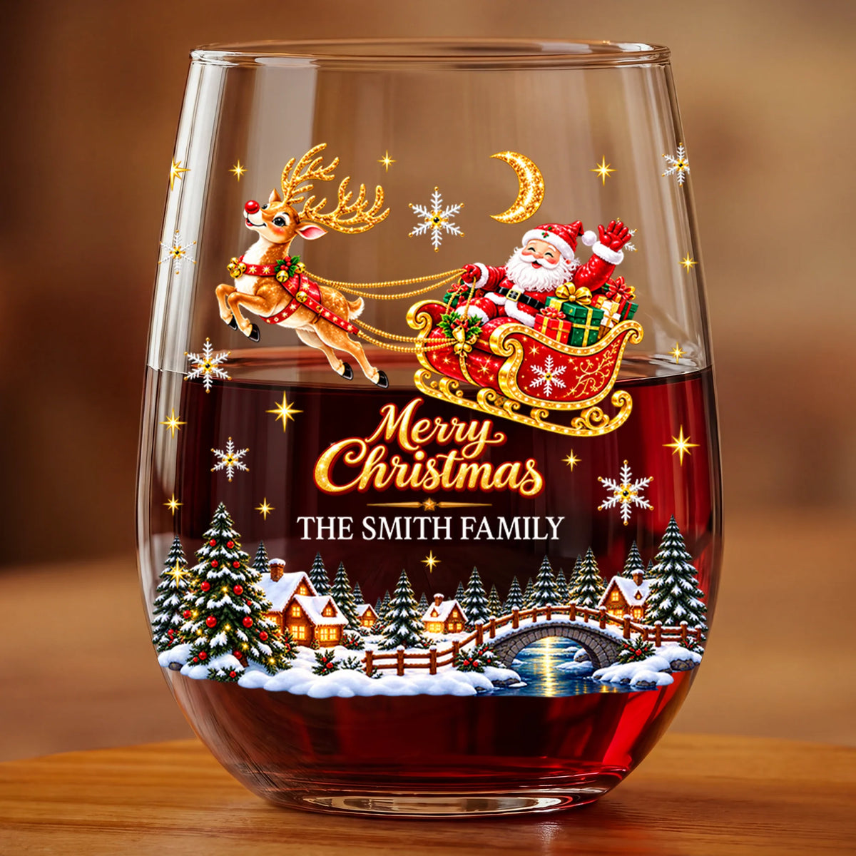 Merry Christmas Personalized Stemless Wine Glass - Custom Holiday Gift for Family