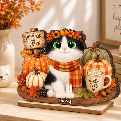 Fall Pumpkin Patch Personalized Cat Wooden Plaque - Custom Autumn Decor Gift for Cat Lovers