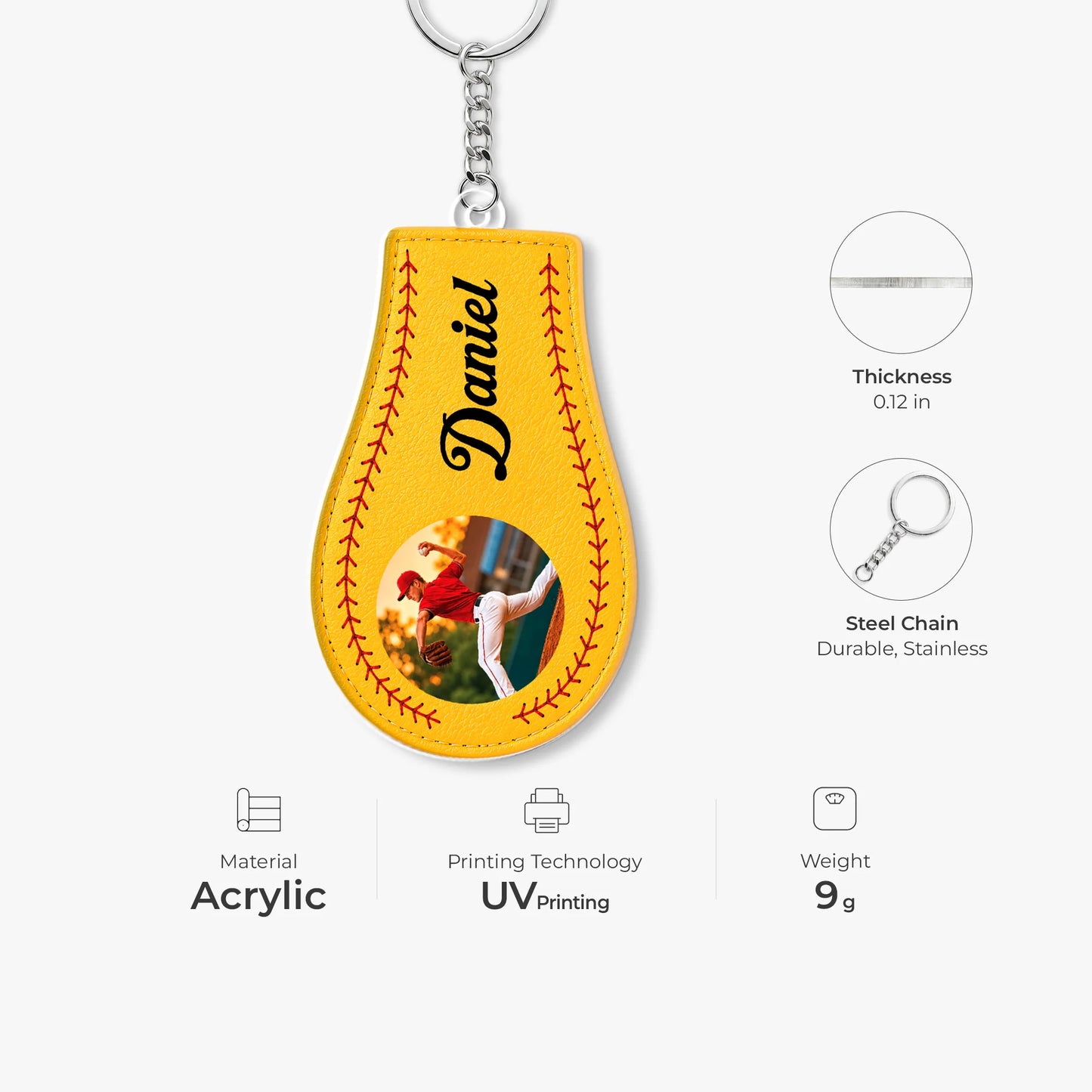 Keychain material and size view - Personalized Sports Baseball Photo Keychain