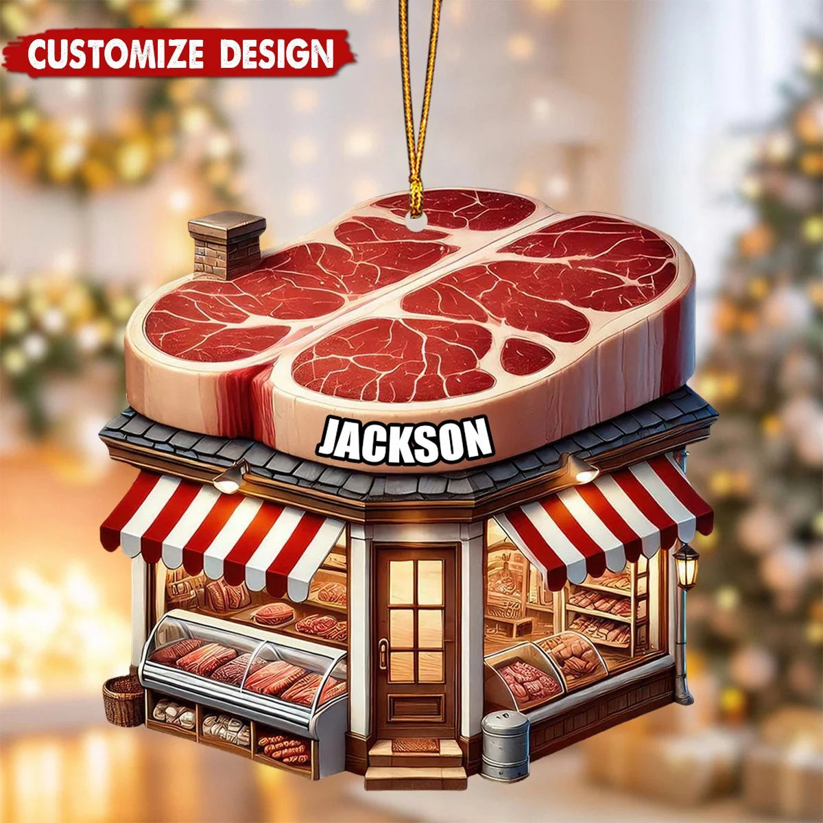 Personalized Butcher Shop Christmas Wooden Ornament - Custom Name Holiday Keepsake for Meat Lovers