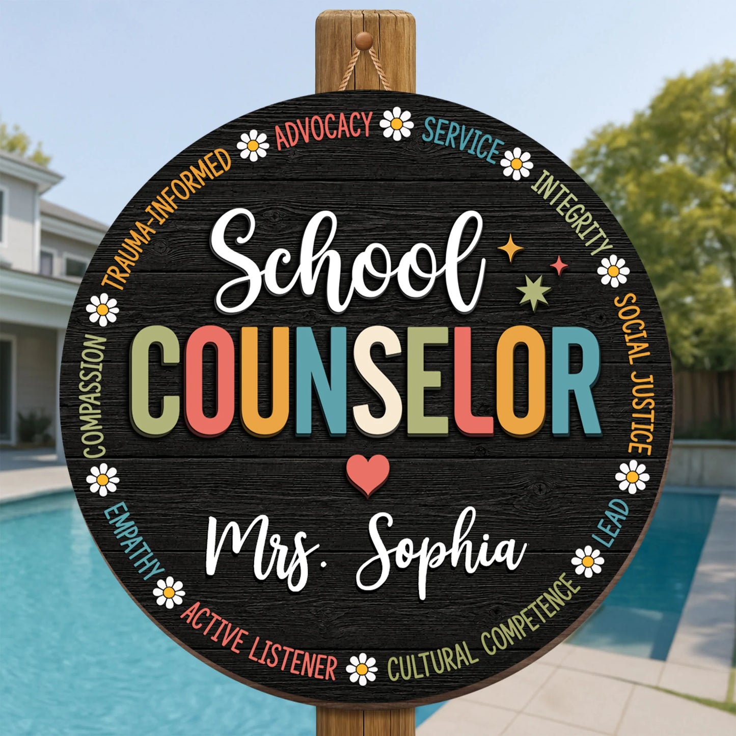 Personalized school counselor wooden sign with daisy flowers and custom name print for office decor image 7