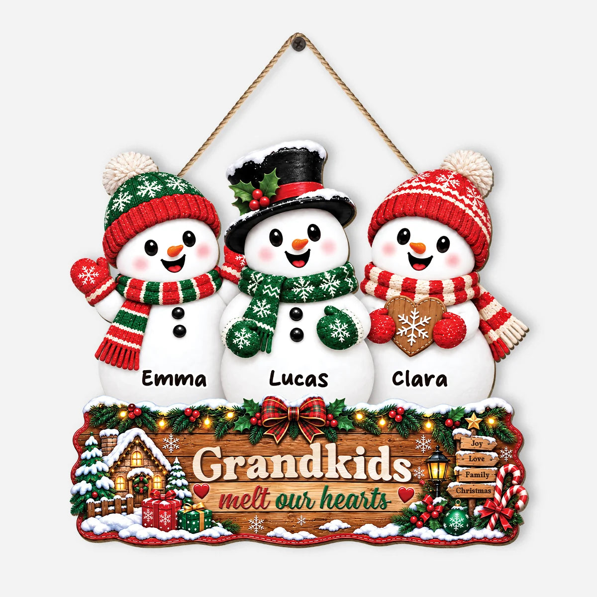 "Grandkids Melt Our Hearts" Custom Names Wood Sign - Personalized Christmas Gift for Grandma & Grandpa