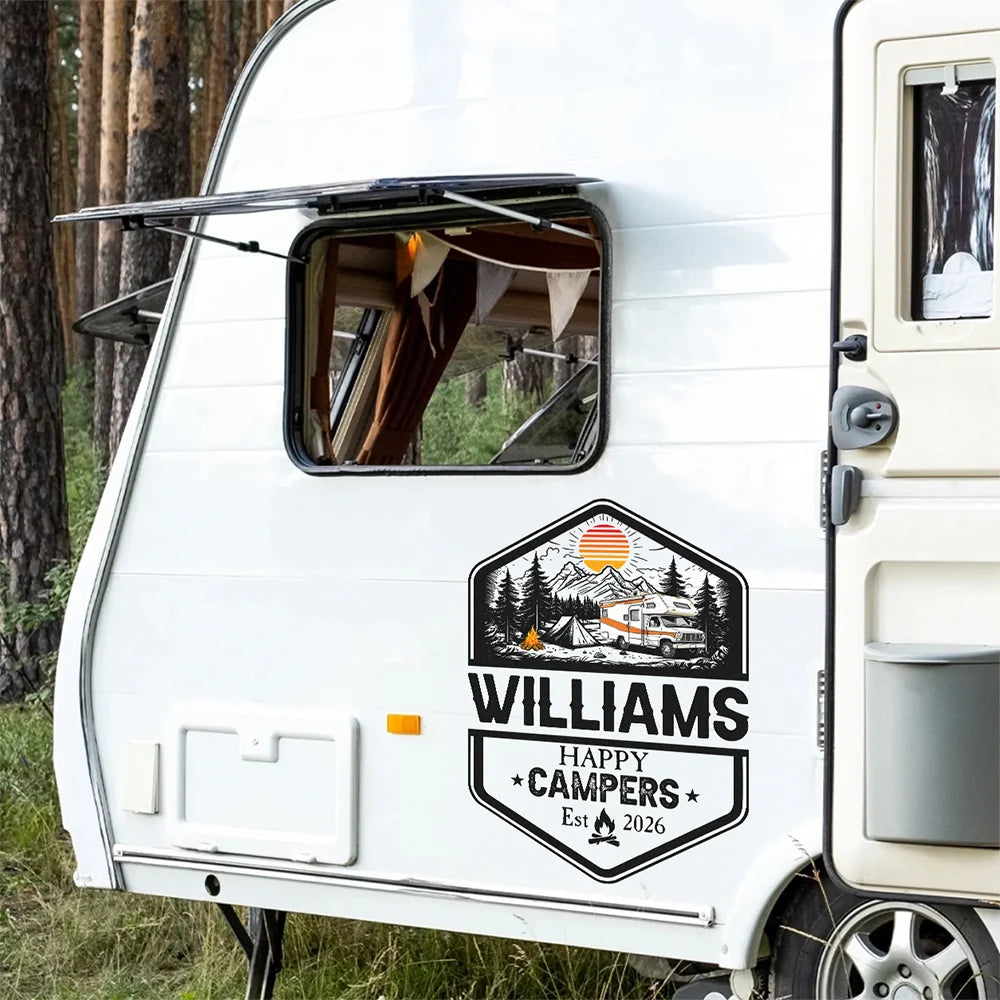Happy Campers Personalized RV Decal Sticker - Custom Family Camper Graphic for Travel Trailer
