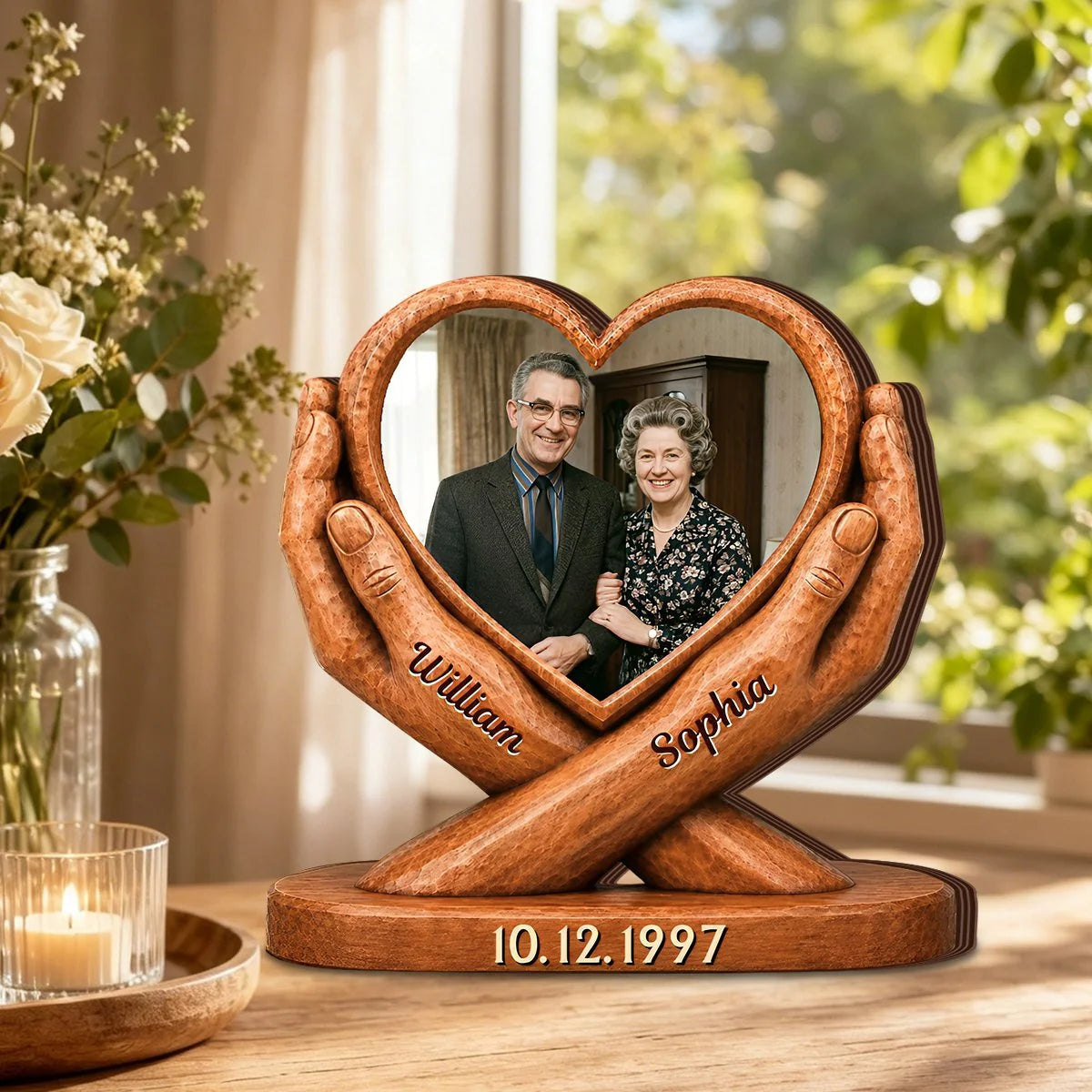 Personalized Heart Couple Photo Wooden Block - Custom Anniversary Wedding Gift for Husband And Wife