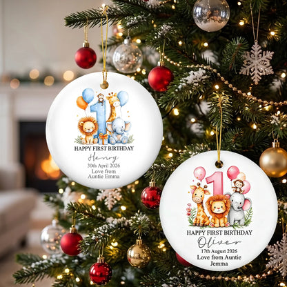 Happy First Birthday Safari Animals Ceramic Ornament - Custom Baby Keepsake Gift