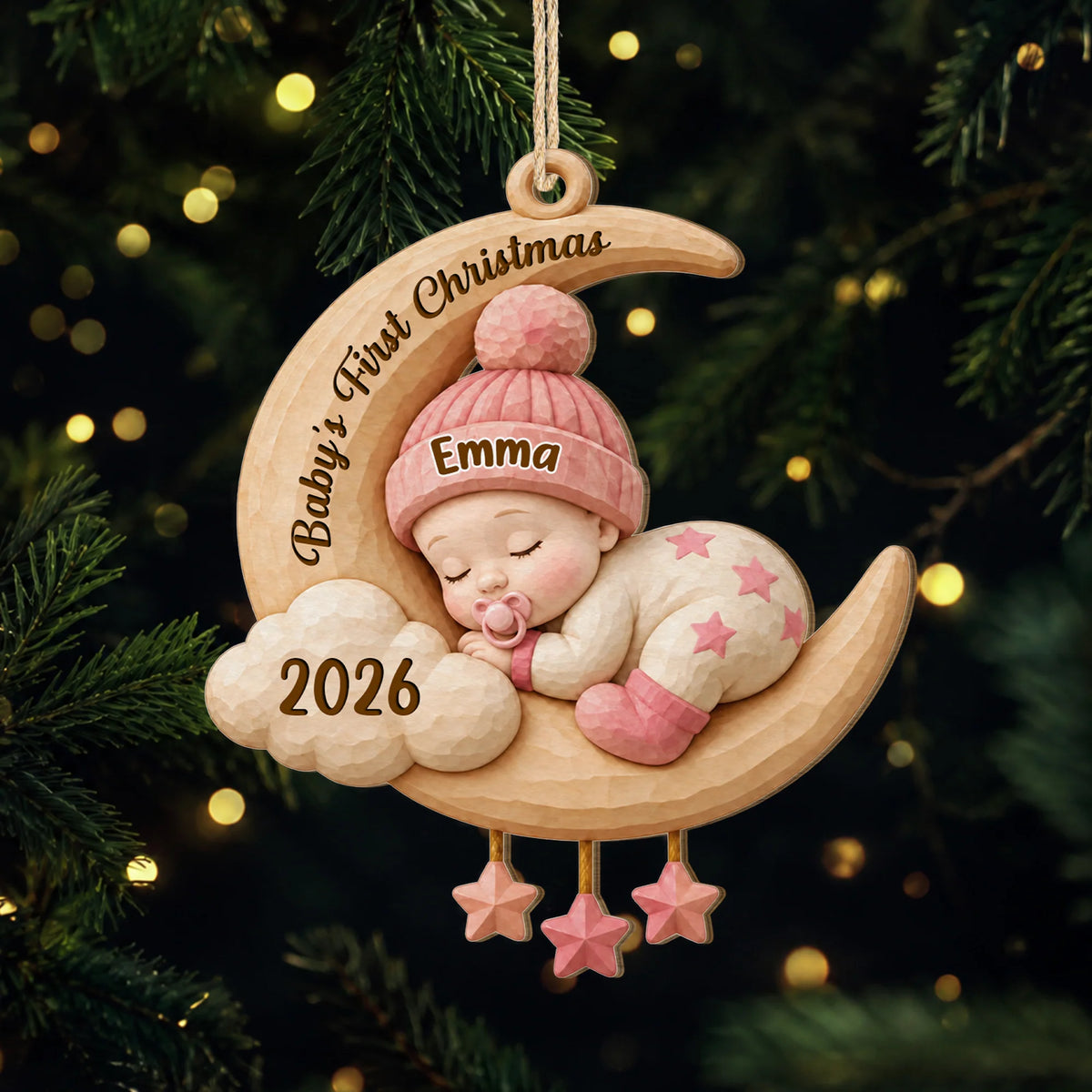 Baby's First Christmas Moon Personalized Wood Ornament - Custom Name Keepsake Gift for Newborn