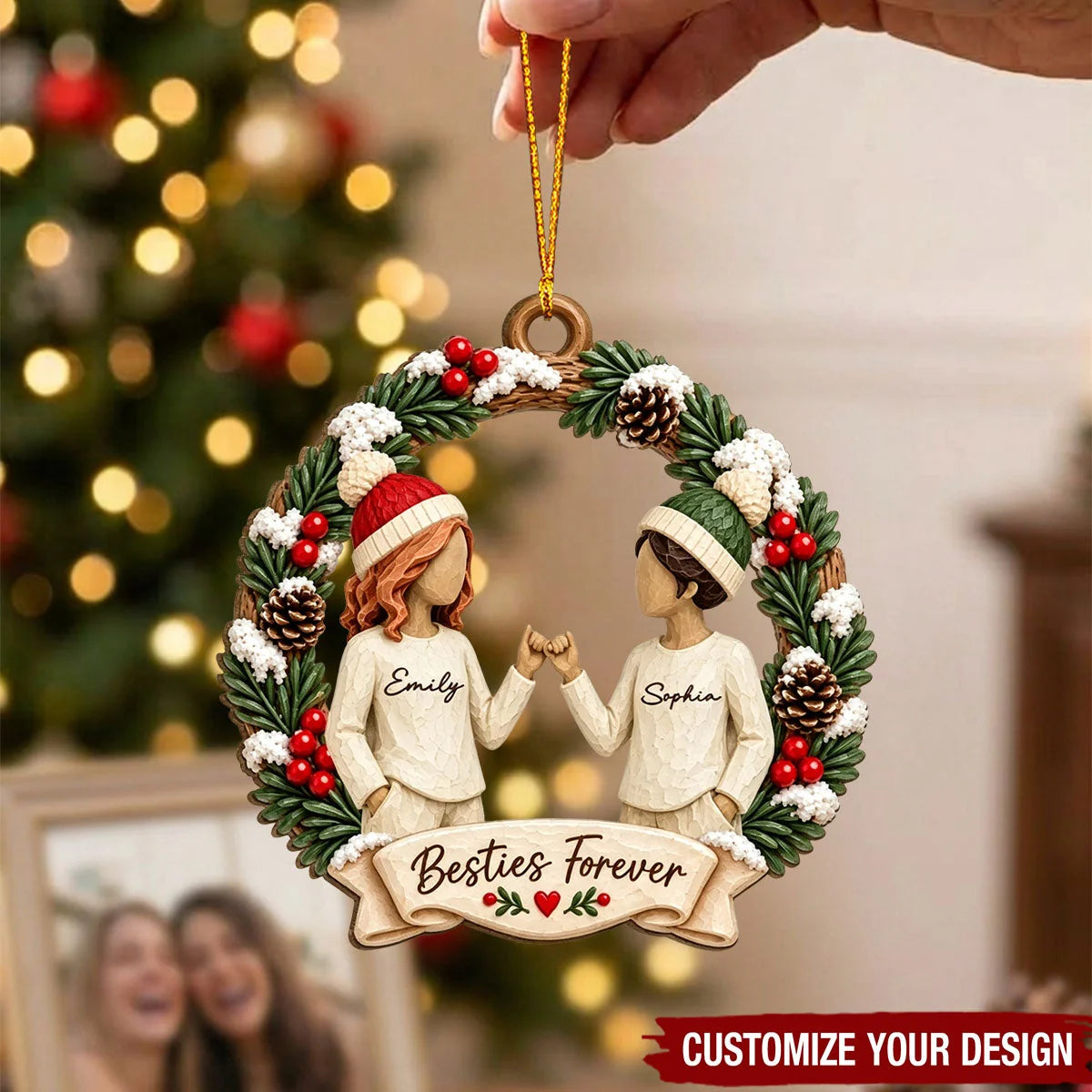 Besties Forever Pinky Promise Personalized Wooden Ornament - Christmas Gift for Best Friends