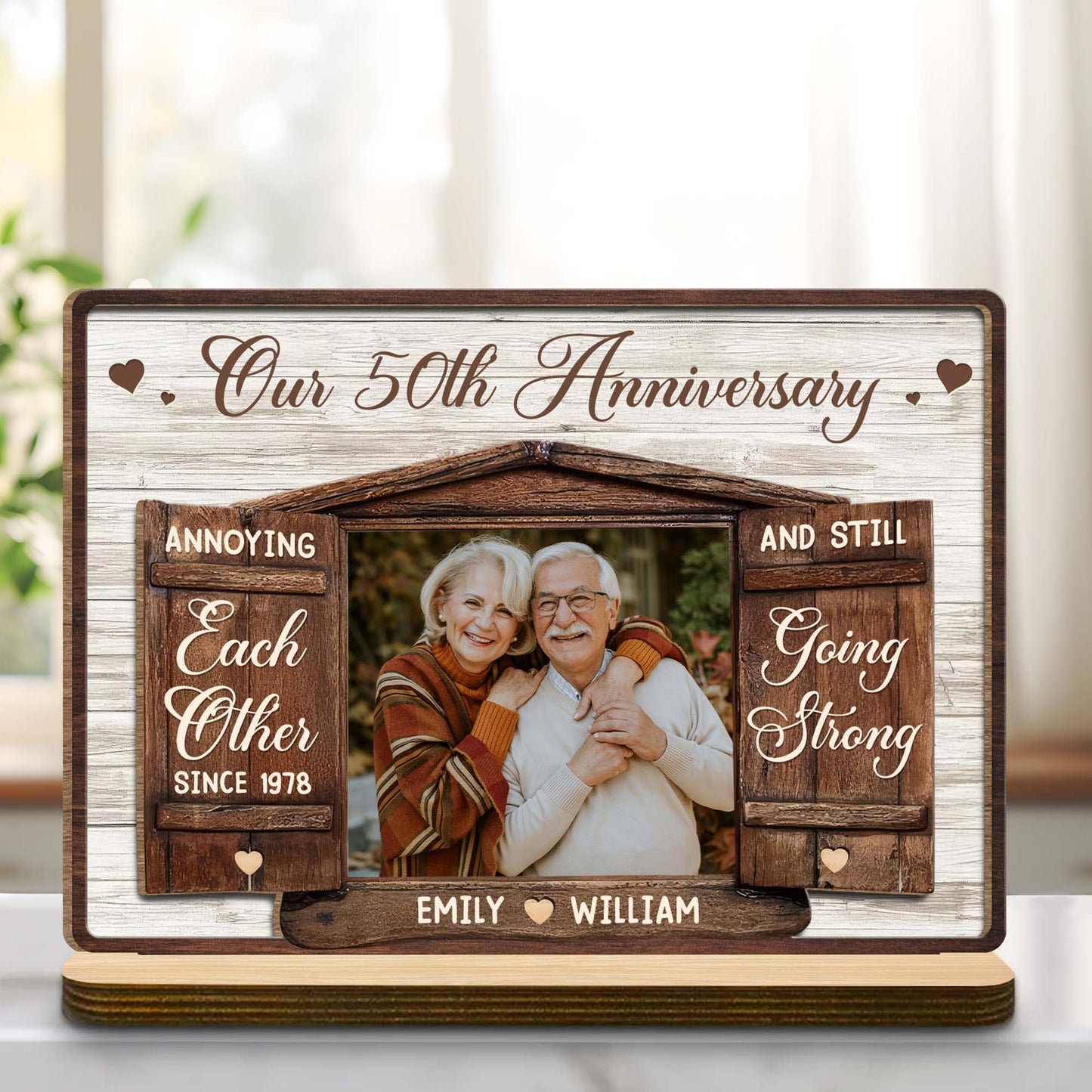 Personalized Anniversary Wood Photo Plaque for Couples with personalized design details for meaningful gifting