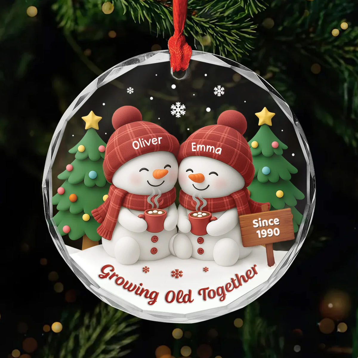 Growing Old Together Personalized Glass Ornament for Couples- Custom Snowman Christmas Keepsake