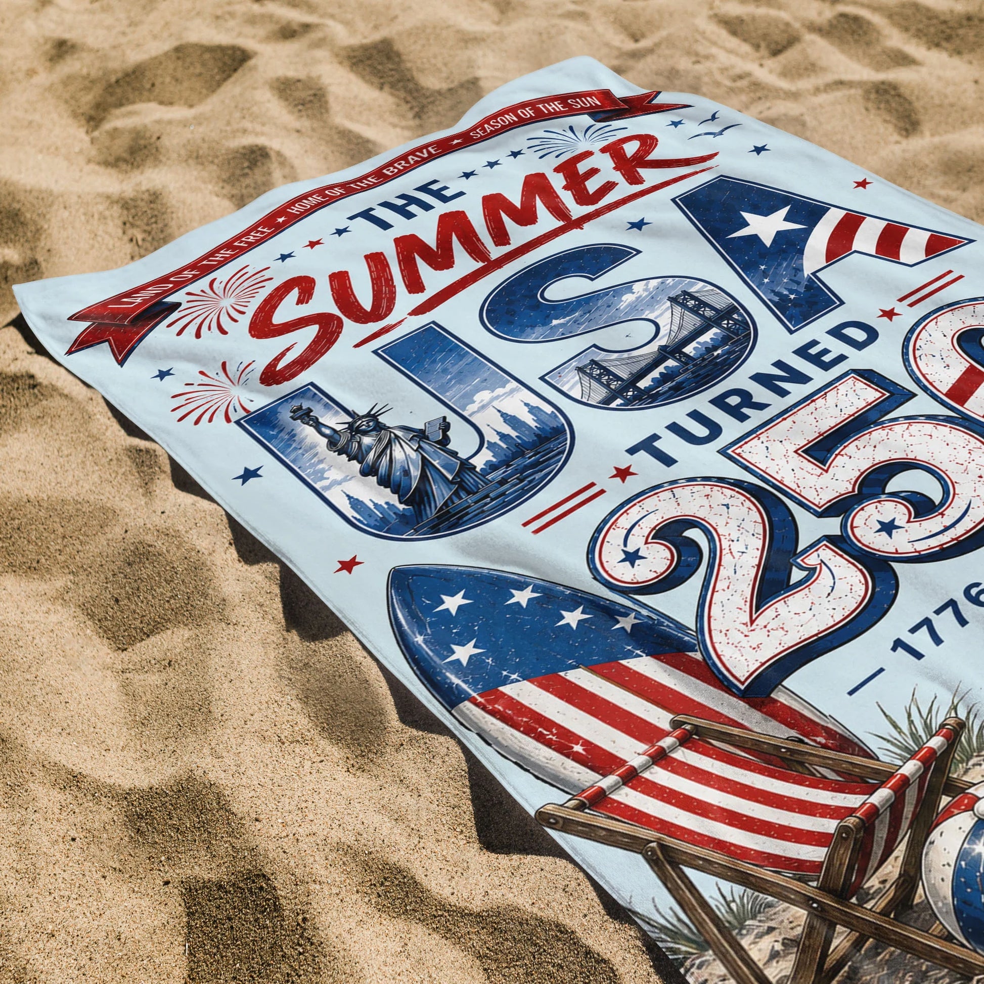 Personalized beach towel featuring The Summer USA Turned 250 design with custom name print for patriotic summer vacations. image 7