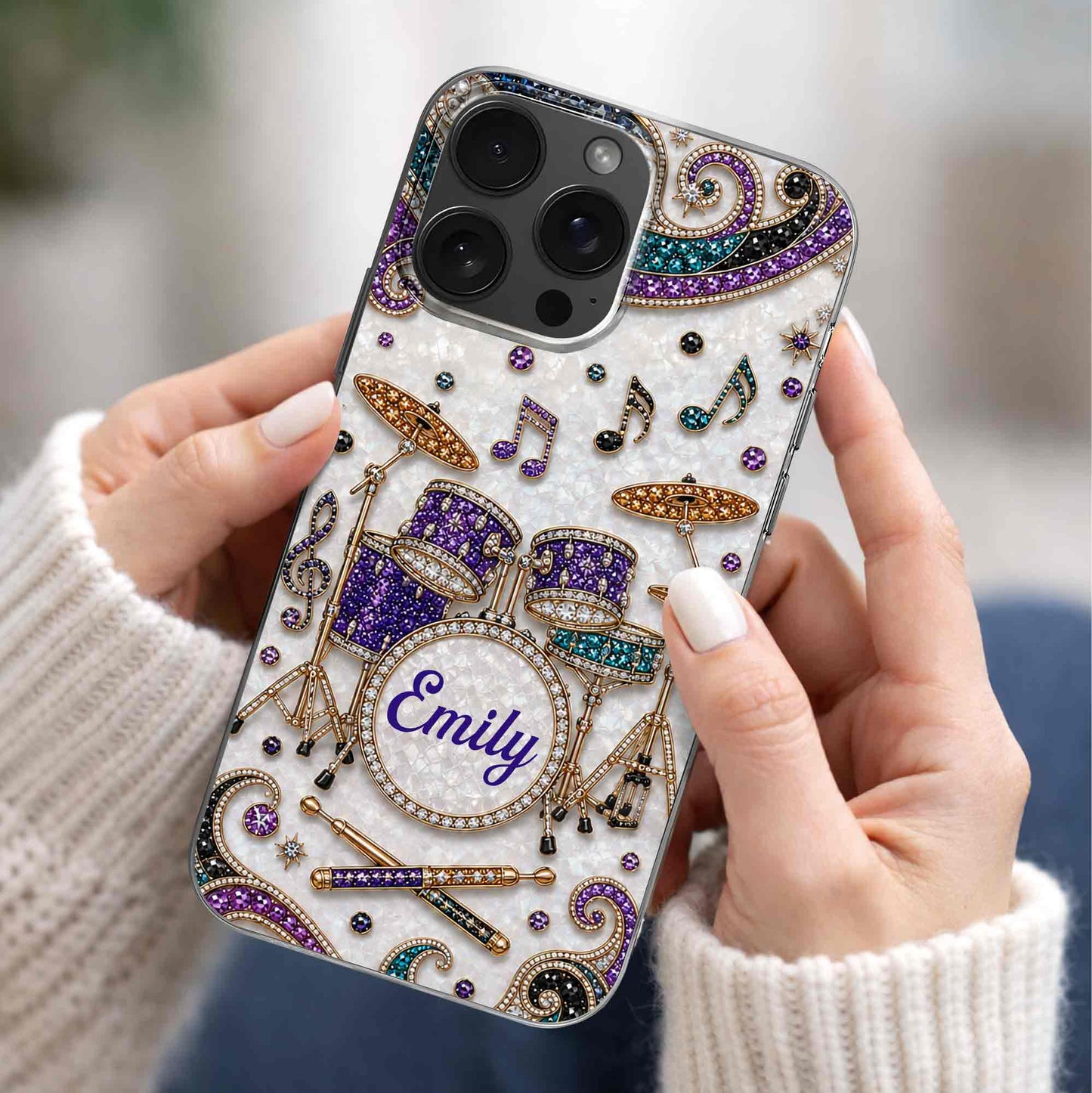Custom name drum set clear phone case with jewel-embellished music notes for drummers and musicians image 7