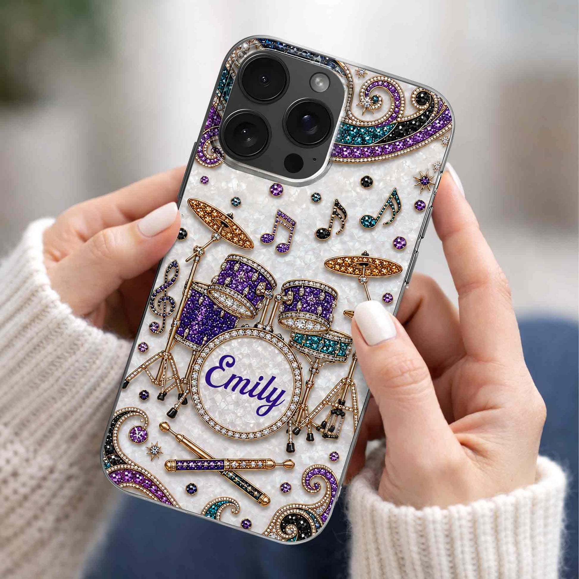 Custom name drum set clear phone case with jewel-embellished music notes for drummers and musicians image 7