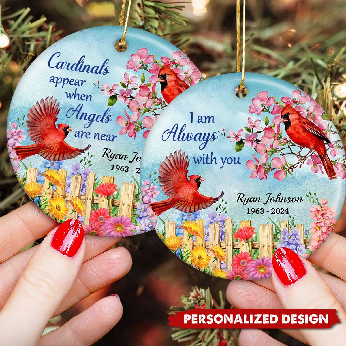 "Cardinals Appear When Angels Are Near" Personalized Ceramic Memorial Ornament - Keepsake Gift for Family