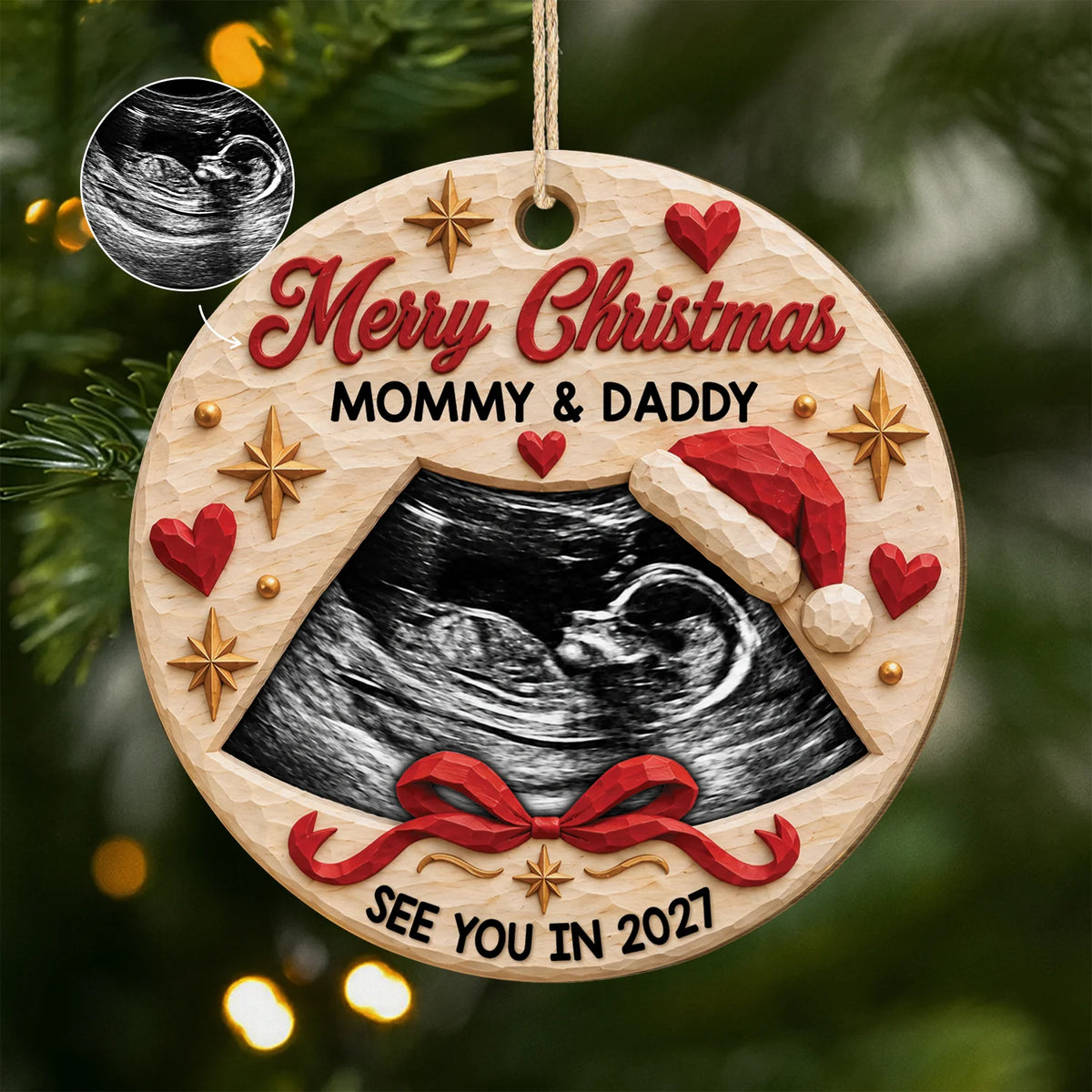 "Merry Christmas Mommy and Daddy" Personalized Sonogram Wooden Ornament - Keepsake for Expecting Parents