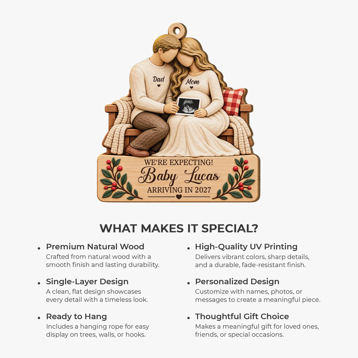 We're Expecting Personalized Wooden Ornament - Christmas Keepsake for Mom & Dad-to-Be