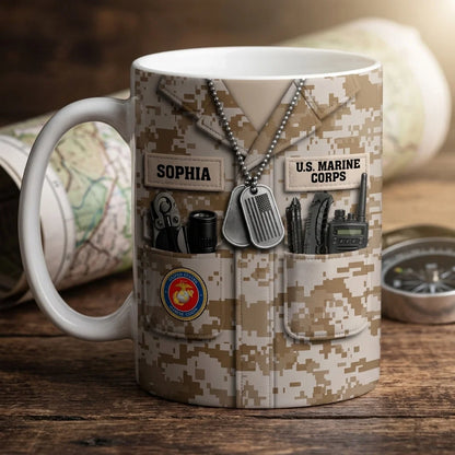 Personalized Military Camo Uniform Mug - Custom Name Coffee Cup Gift for Veterans