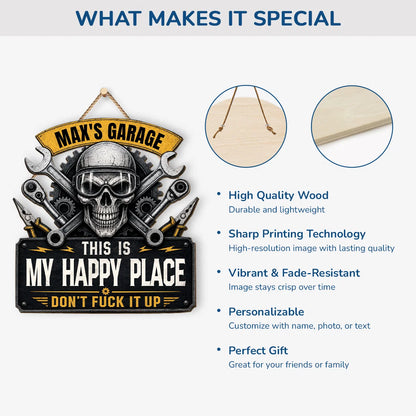 "This Is My Happy Place" Personalized Garage Wood Sign - Custom Skull Wall Decor for Him