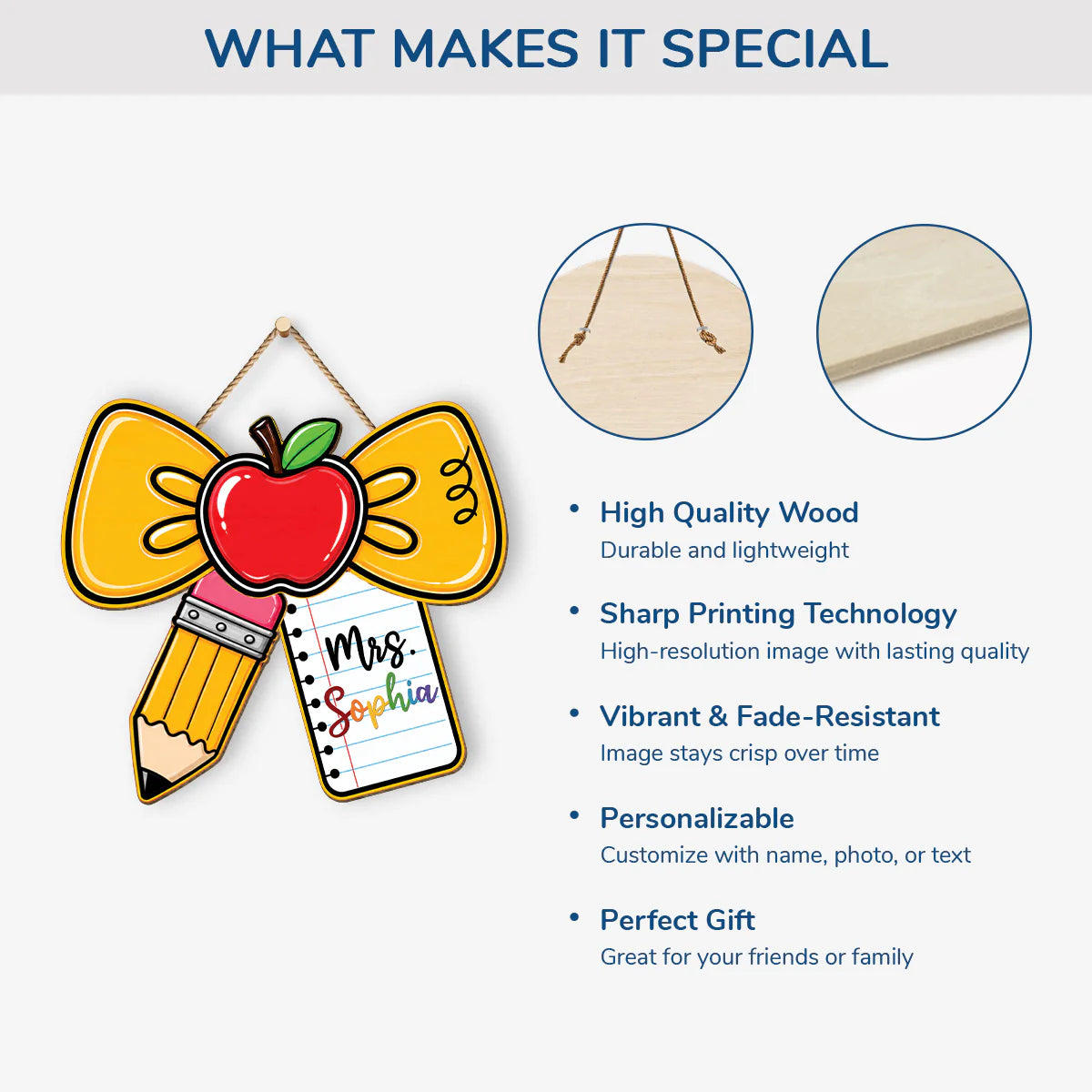 Wood Sign material and size view - Custom Teacher Wood Sign