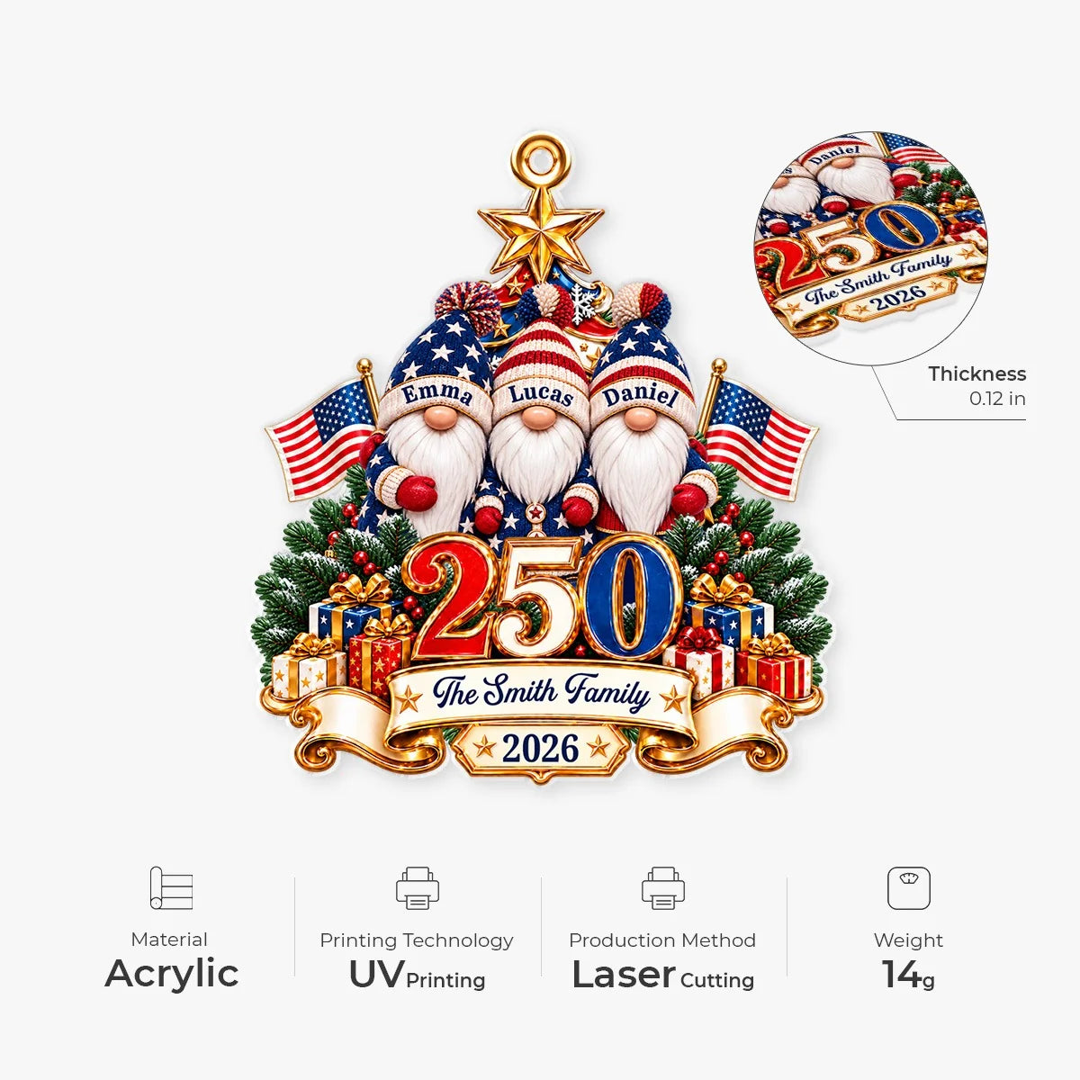 USA 250th Anniversary Gnome Family - Personalized Acrylic Ornament for Patriotic Christmas Decor