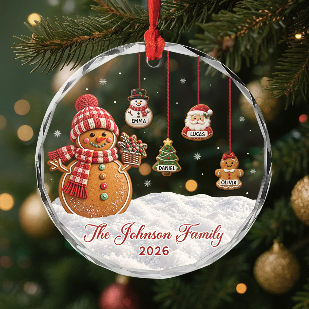 Gingerbread Snowman Personalized Glass Ornament - Custom Christmas Family Keepsake Gift
