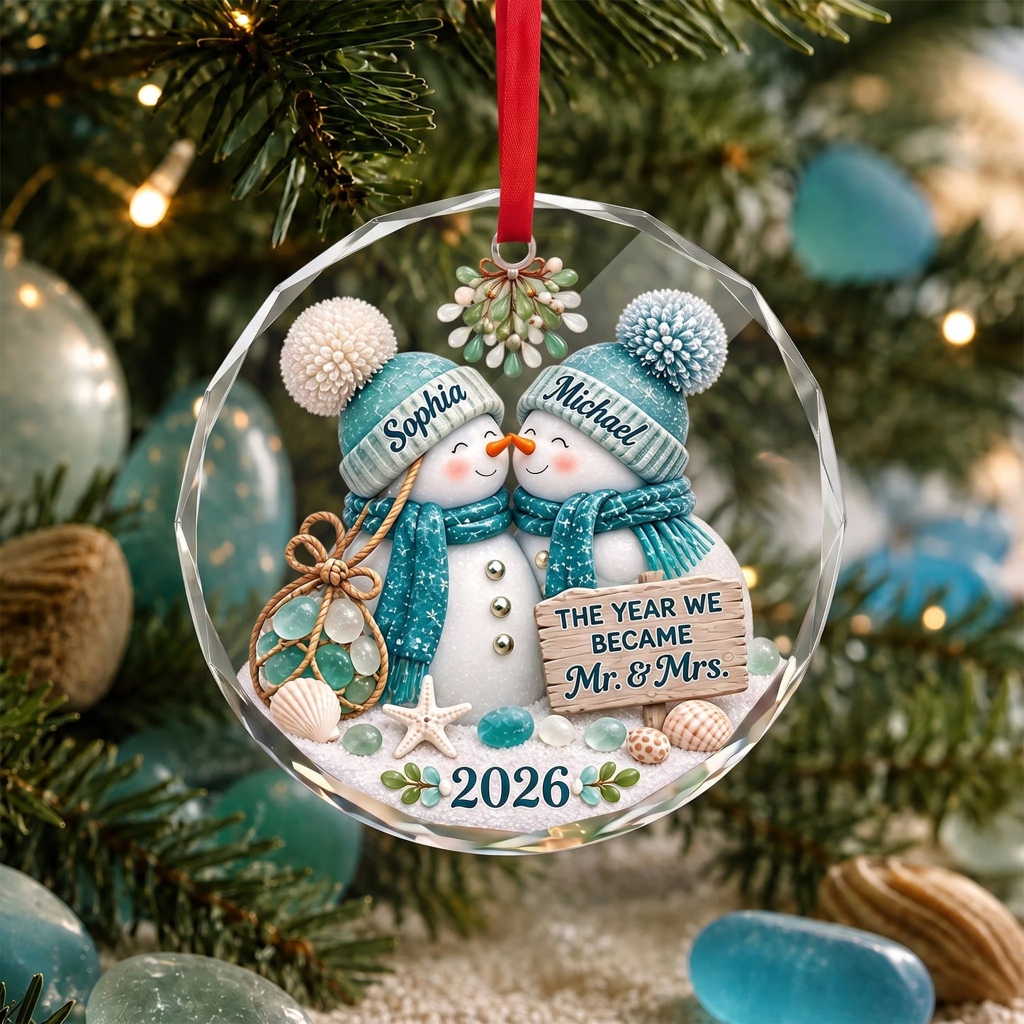 "The Year We Became Mr & Mrs" - Personalized Snowman Glass Ornament for Couples
