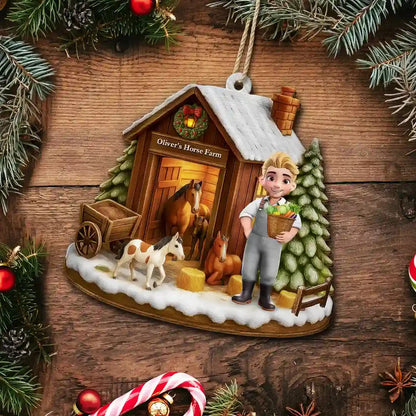 Horse Farm Personalized Wooden Ornament - Custom Winter Barn Keepsake Gift for Equestrians