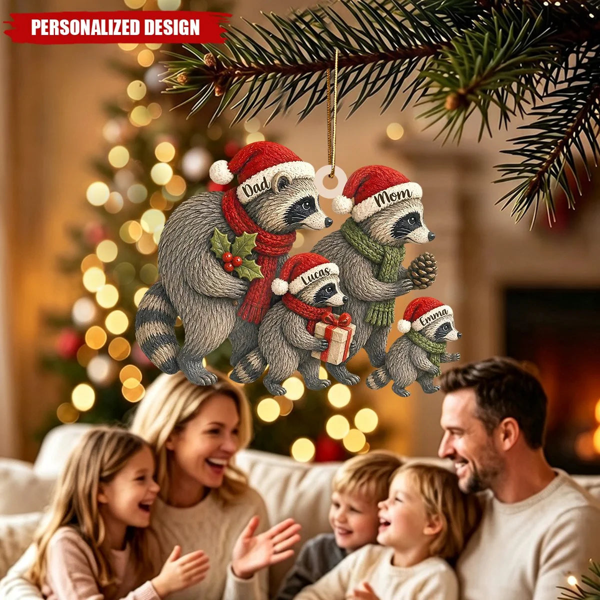 Custom Raccoon Family Christmas Acrylic Ornament - Personalized Family Names Keepsake Gift