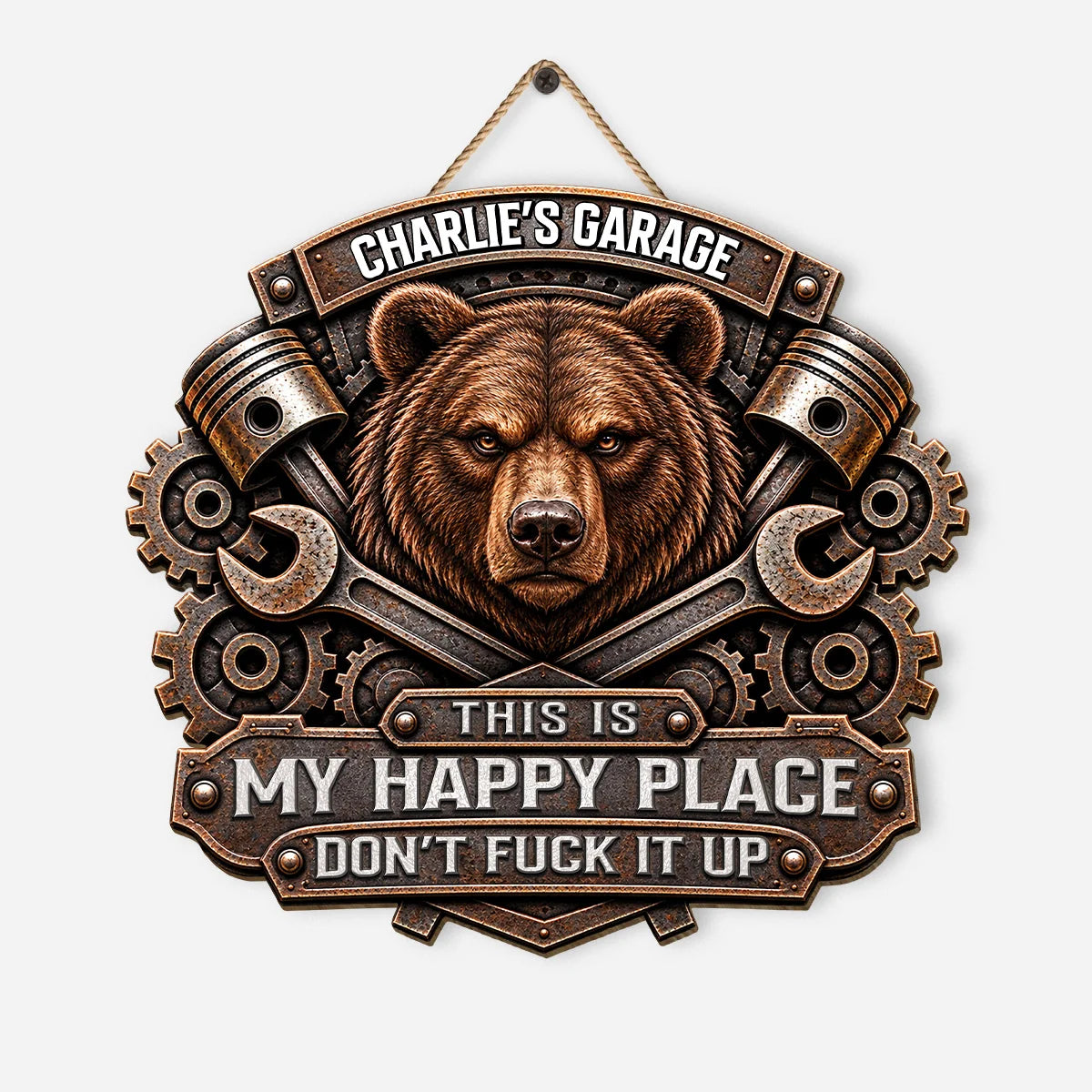This Is My Happy Place - Personalized Bear Garage Wood Sign