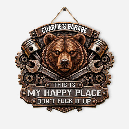 This Is My Happy Place - Personalized Bear Garage Wood Sign