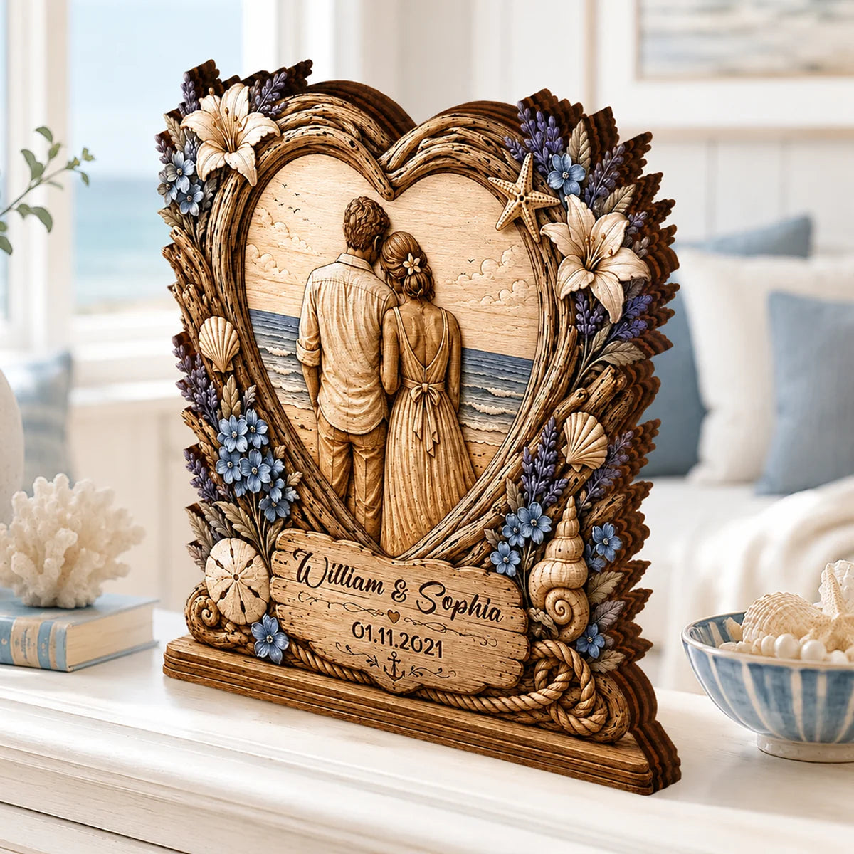 Personalized Beach Ocean Heart Wooden Block - Custom Anniversary Keepsake Gift for Couple