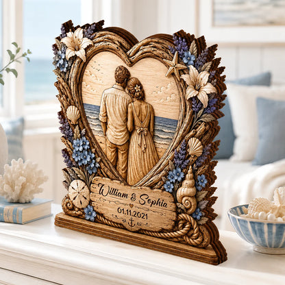 Personalized Beach Ocean Heart Wooden Block - Custom Anniversary Keepsake Gift for Couple