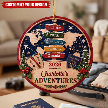 Custom Adventures Wooden Christmas Ornament - Personalized World Traveler Vacation Keepsake
