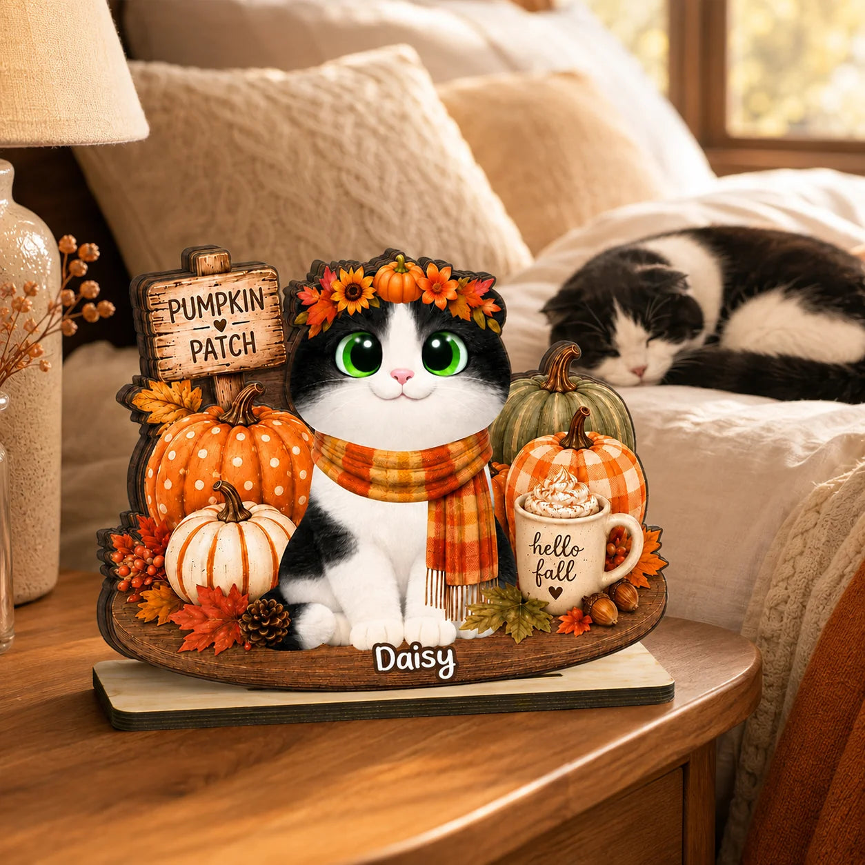 Fall Pumpkin Patch Personalized Cat Wooden Plaque - Custom Autumn Decor Gift for Cat Lovers