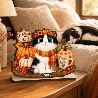 Fall Pumpkin Patch Personalized Cat Wooden Plaque - Custom Autumn Decor Gift for Cat Lovers