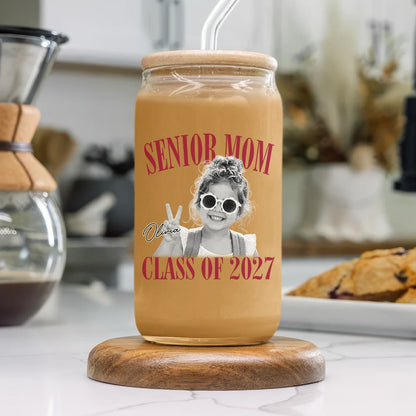"Senior Mom Class of 2027" Personalized Glass Can - Custom Photo Graduation Keepsake Gift