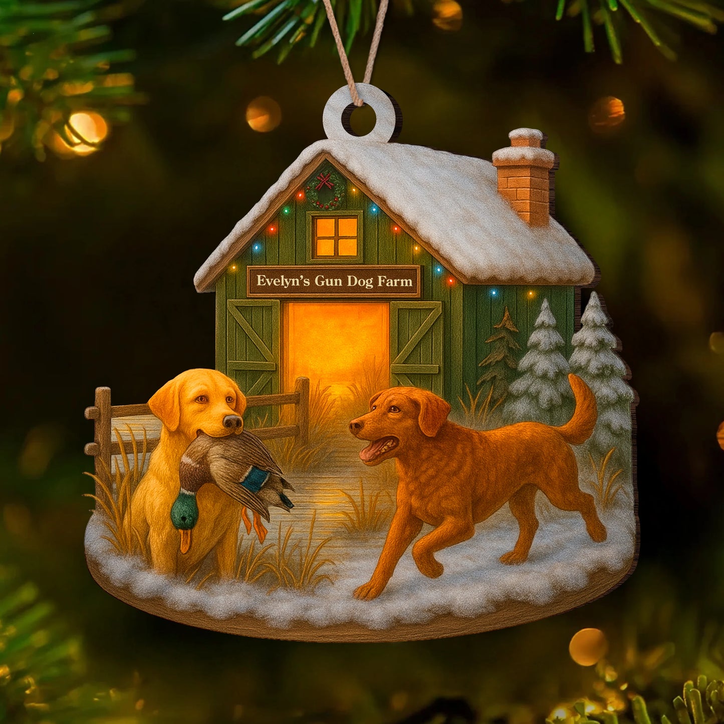 Personalized Duck Hunting Dog Wood Ornament - Custom Farm Name Christmas Gift