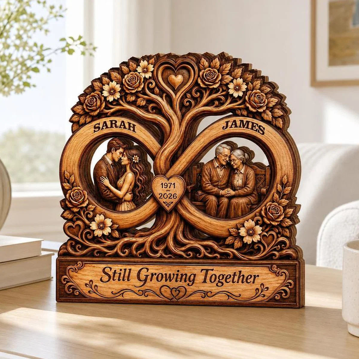Still Growing Together Infinity Tree Personalized Wooden Block - Custom Couple Anniversary Gift Keepsake