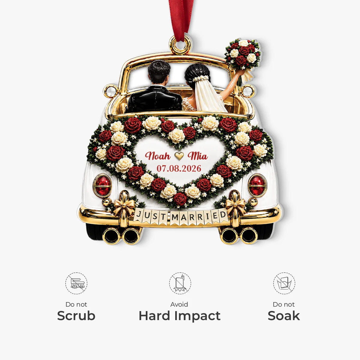 Just Married Car Personalized Acrylic Ornament - Custom Wedding Keepsake Gift for Couples