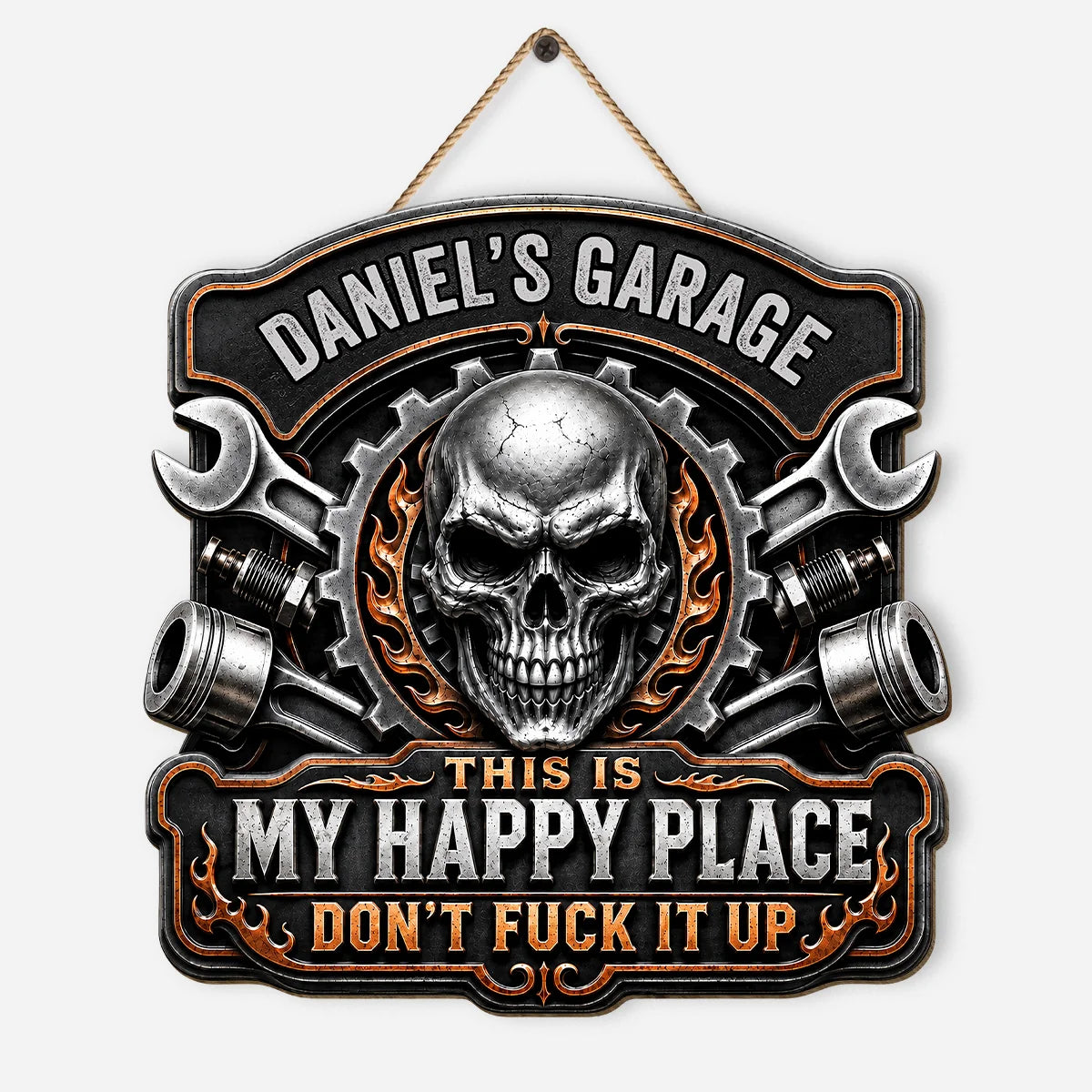 "This Is My Happy Place" Skull Garage Wood Sign - Personalized Garage Decor for Men
