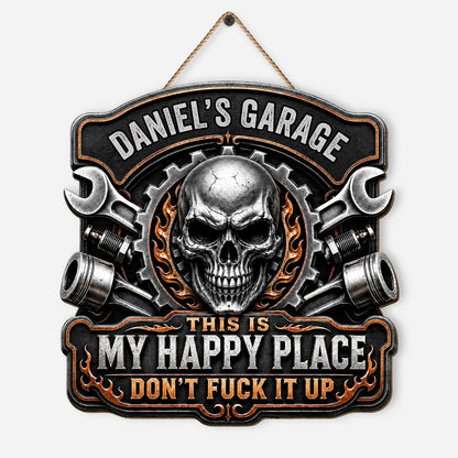 "This Is My Happy Place" Skull Garage Wood Sign - Personalized Garage Decor for Men